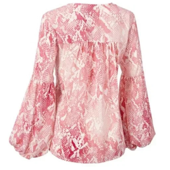 Cabi Bethany Snake Print Blouse Pink White Long Blouson Sleeve 5708 Women Large - Picture 7 of 11